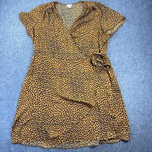 J Crew Dress Womens 18 Yellow Black Wrap V Neck Midi Short Sleeve Animal Print